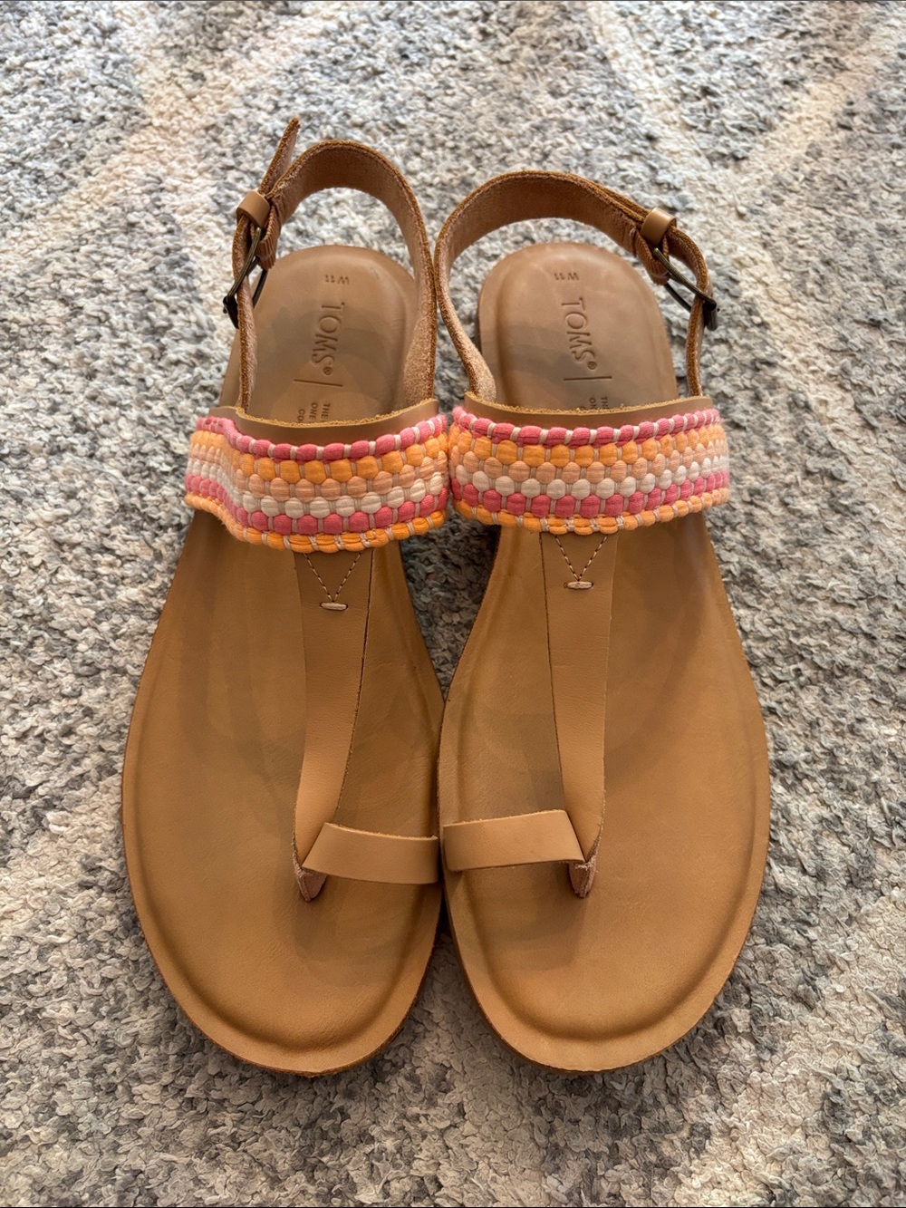 TOMS Tan Sandals with Pink and Orange Woven Strap. New never worn!